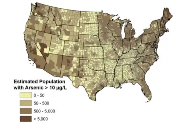 Map of us with arsenic concentrations in drinking water